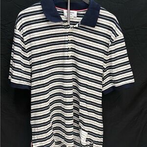 Thom Browne Navy and Cream Striped Polo